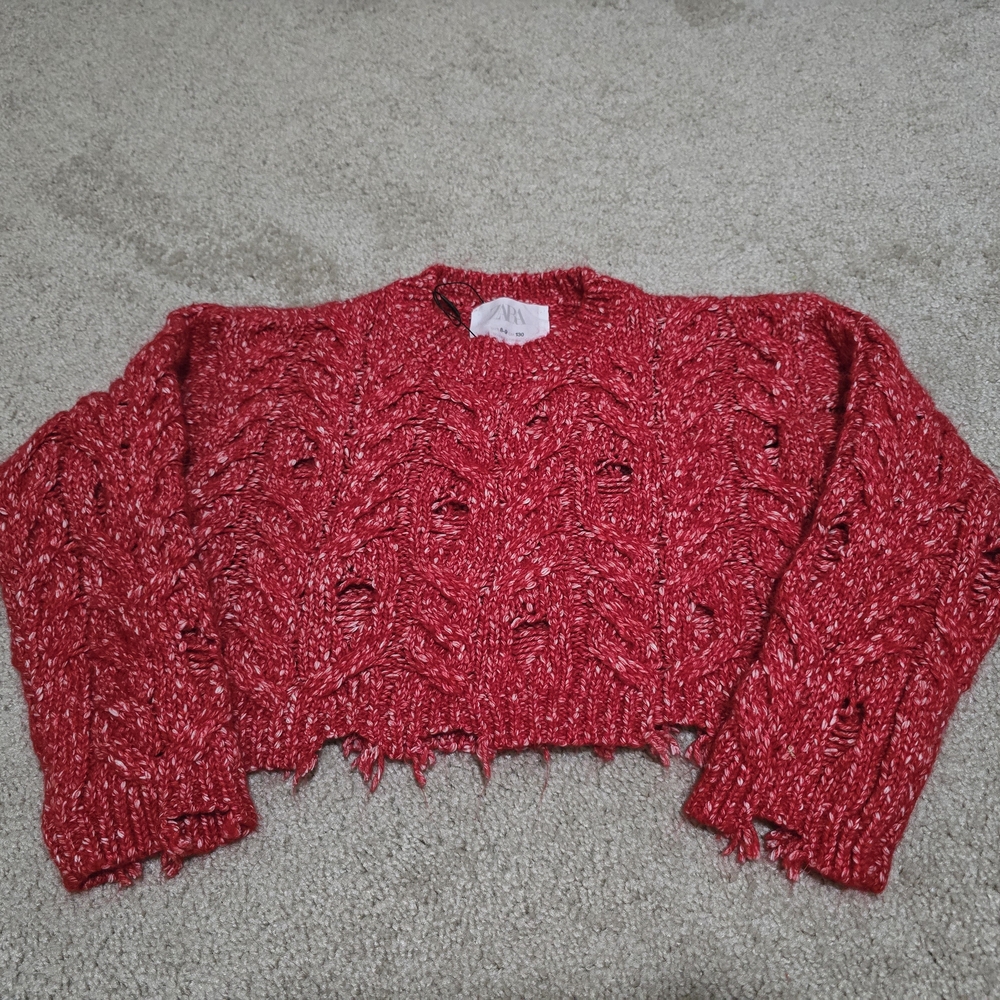 ZARA Red Cropped Distressed Cable-Knit Sweater